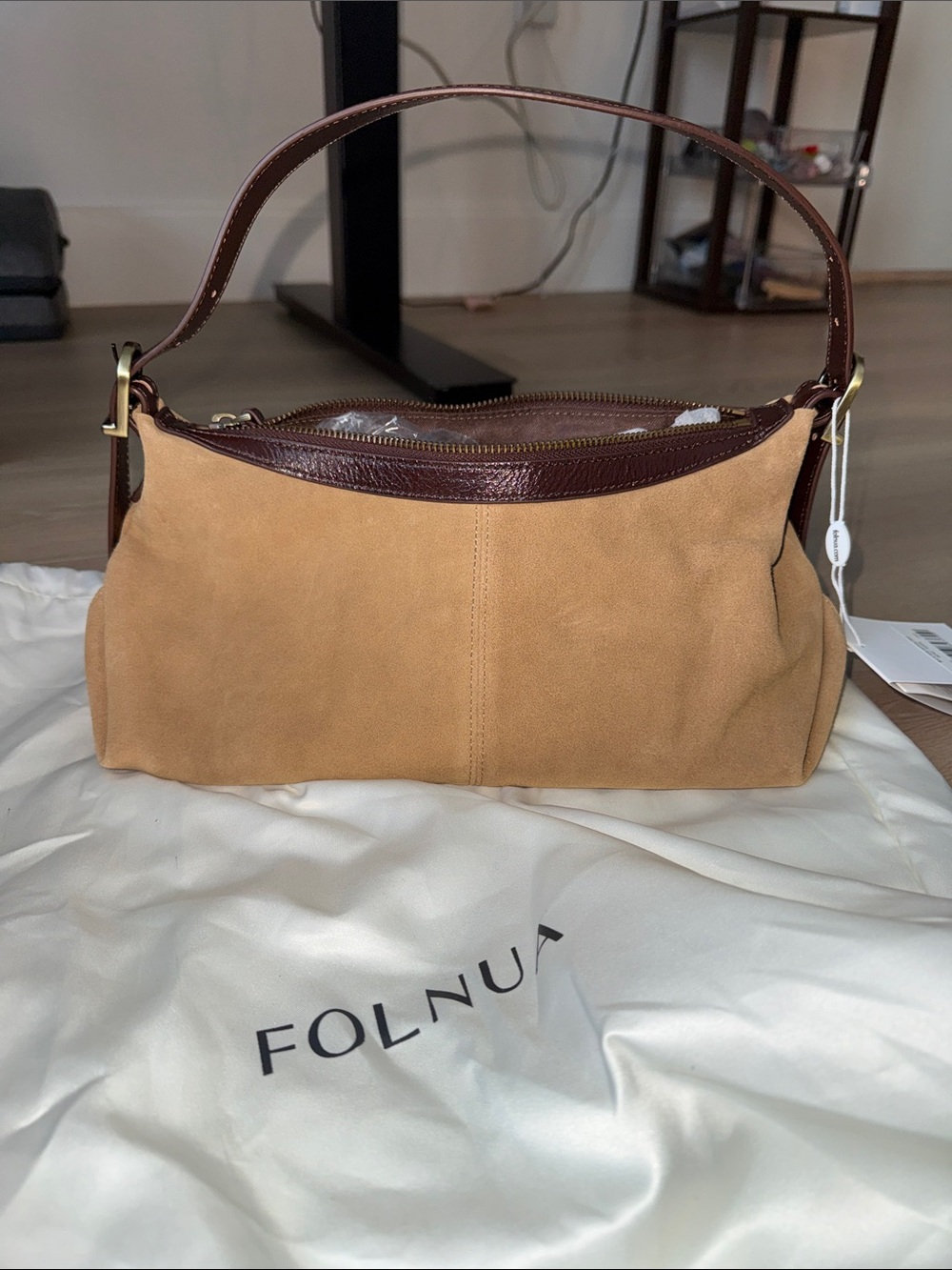 Folnua Suede Mini Bateau Bag in Tan with Brown Trim